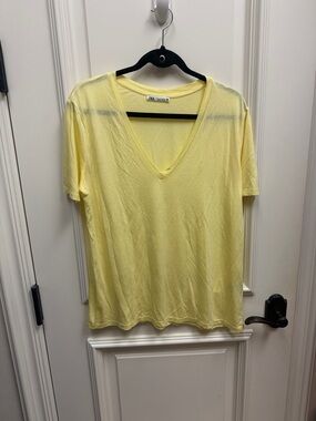 Zara lemon Yellow V-Neck lyocell soft shirt vneck top boyfriend Tee basic